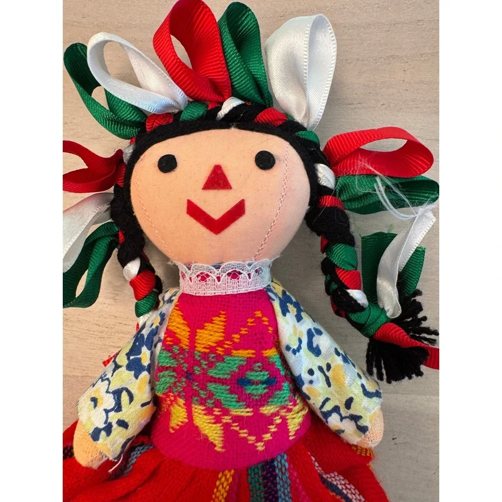 Handmade Mexican Maria Otomi Rag Doll Muneca Lele Ribbon Braids Embroidered